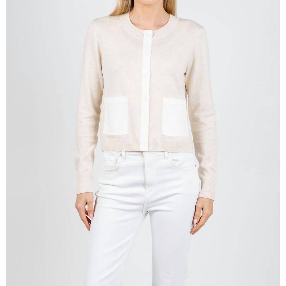 NEW J. SOCIETY denim trim cardigan in oatmeal/white